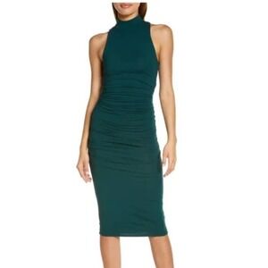 HALOGEN Ponderosa Green Mock Neck Ruched Side Body-Con Dress- Size Small- NWT